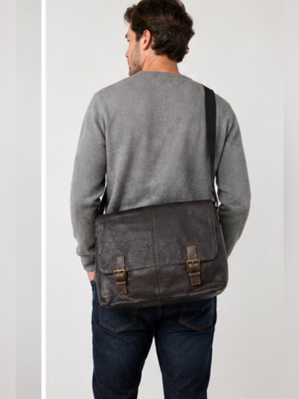 BOCONI - Men’s brown Genuine leather travel messenger Crossbody shoulder bag